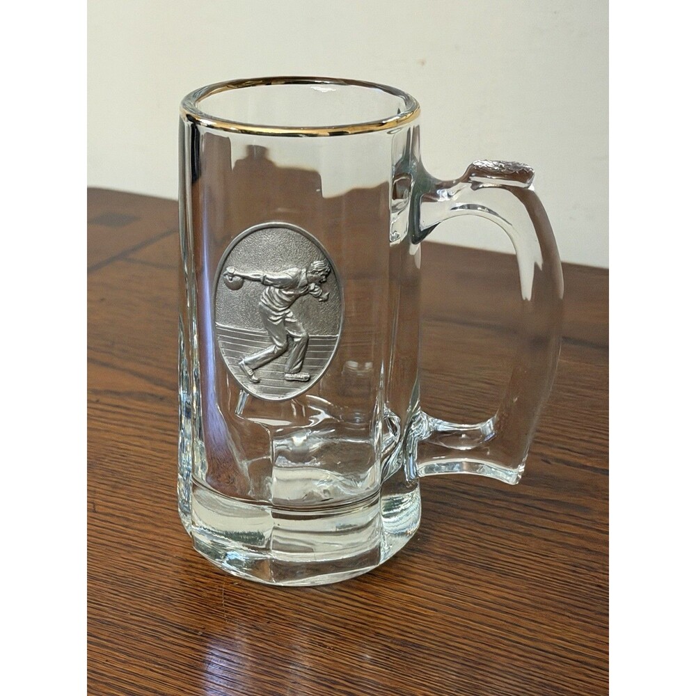 Bowling Beer Mug Vintage Glass with Metal Engraved Bowler Throwing Ball 12oz Cup